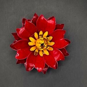 Vintage Enamel Metal Flower Poinsettia 3D Pin Brooch Red Yellow 1960s 1970s